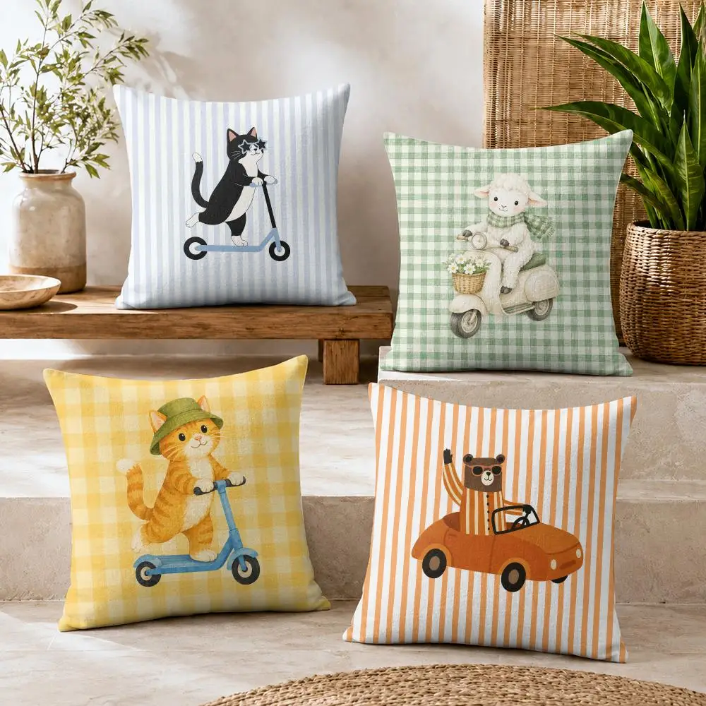 Fun Animals Driving Cars Cushion Cover Short Plush Soft Double-Sided Printing Pillow Case Cozy Sofa Bedroom Home Decor Gift