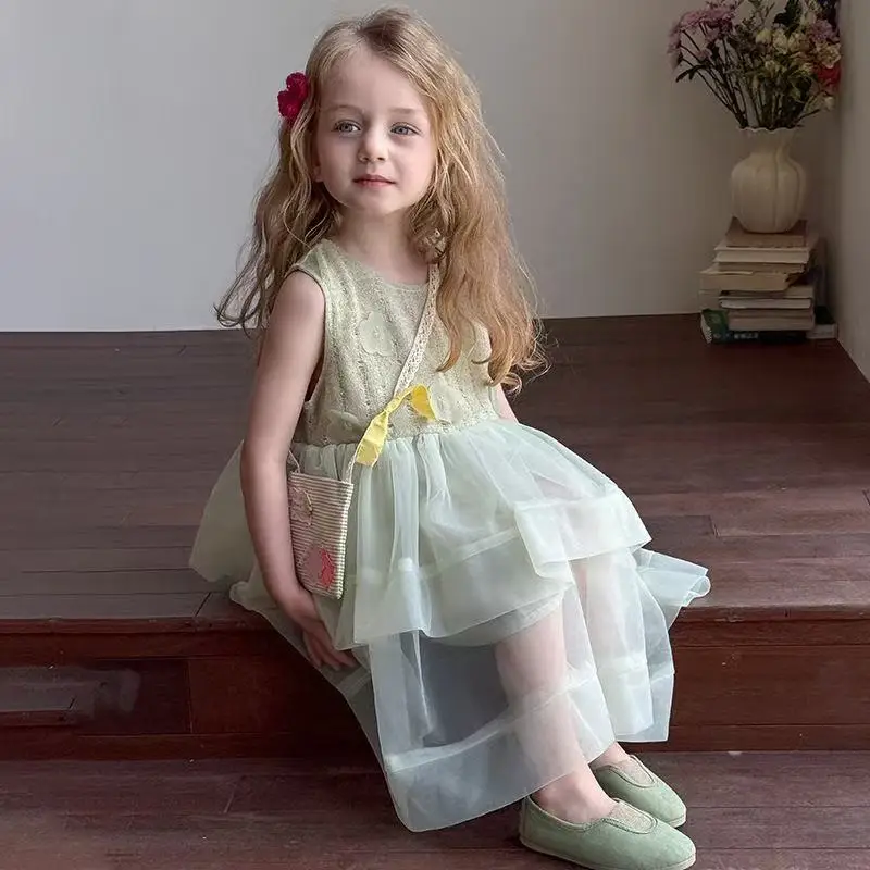 

2026 New Baby Girls Dress Summer New Children's Sweet Vest Dress Mesh Princess Dress 90-130cm