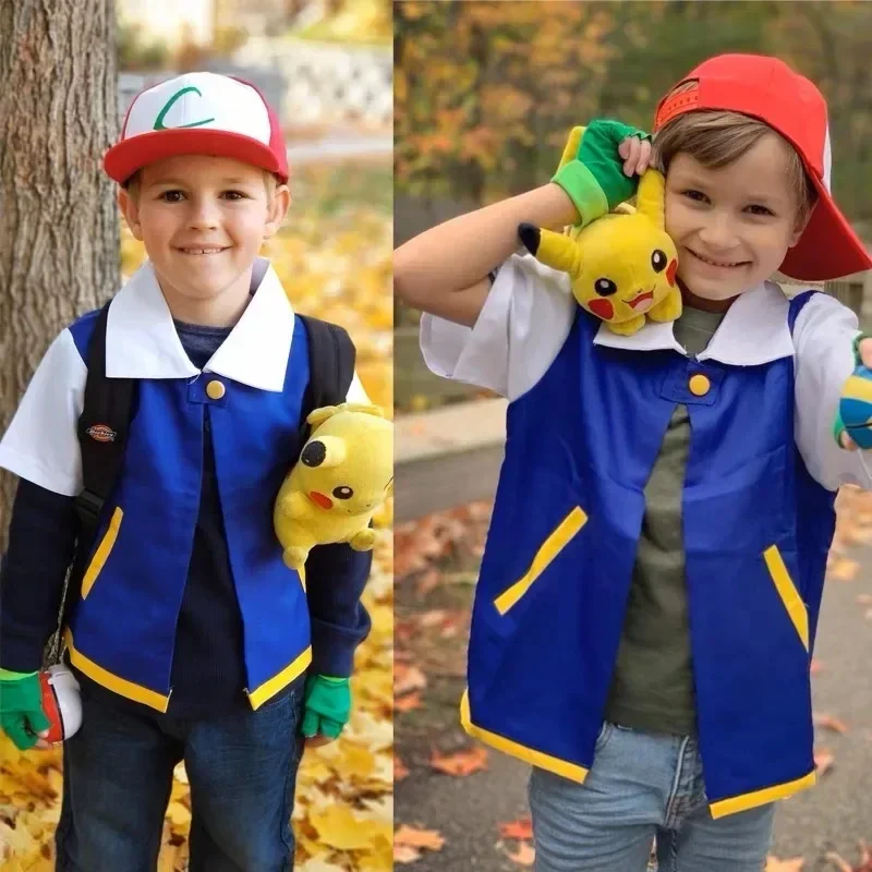 Disfraz de Cosplay de Ash Ketchum para Hombre, Chico y Adulto, para Mujer, Halloween, Fiesta, Chaqueta Azul, Gorra y Guantes