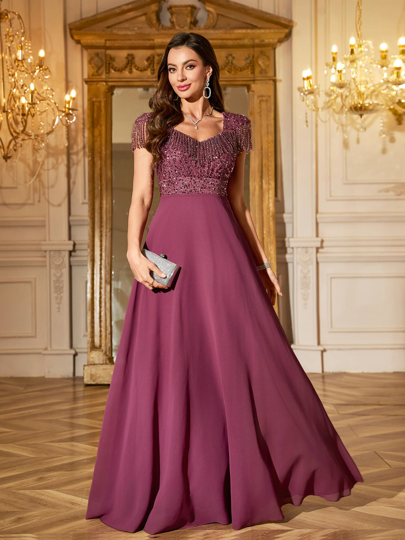 فستان وصيفة العروس للسيدات من UNITHORSE بخط عنق ماسي وأكمام شرابة مطرزة، فستان شيفون بخصر مطرز بالترتر بلون سادة