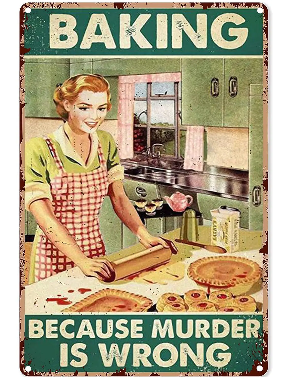 

Baking Because Murder Is Wrong Vintage metal Hanging Plaque Girl Baking Wall Decor Coffee Shop Home Bar Club Coffee Shop Wall De