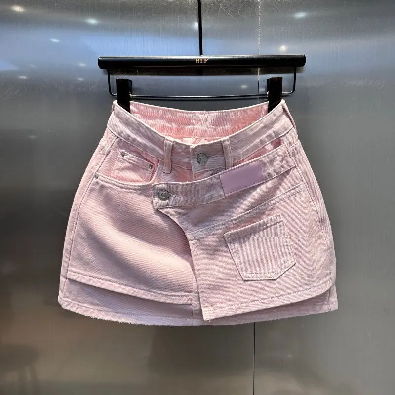 Sweet Pink Fake Two Pieces Denim Skirts for Women Summer Korean Style Design High Waist A-Line Skirt Versatile Retro Jean Skirts