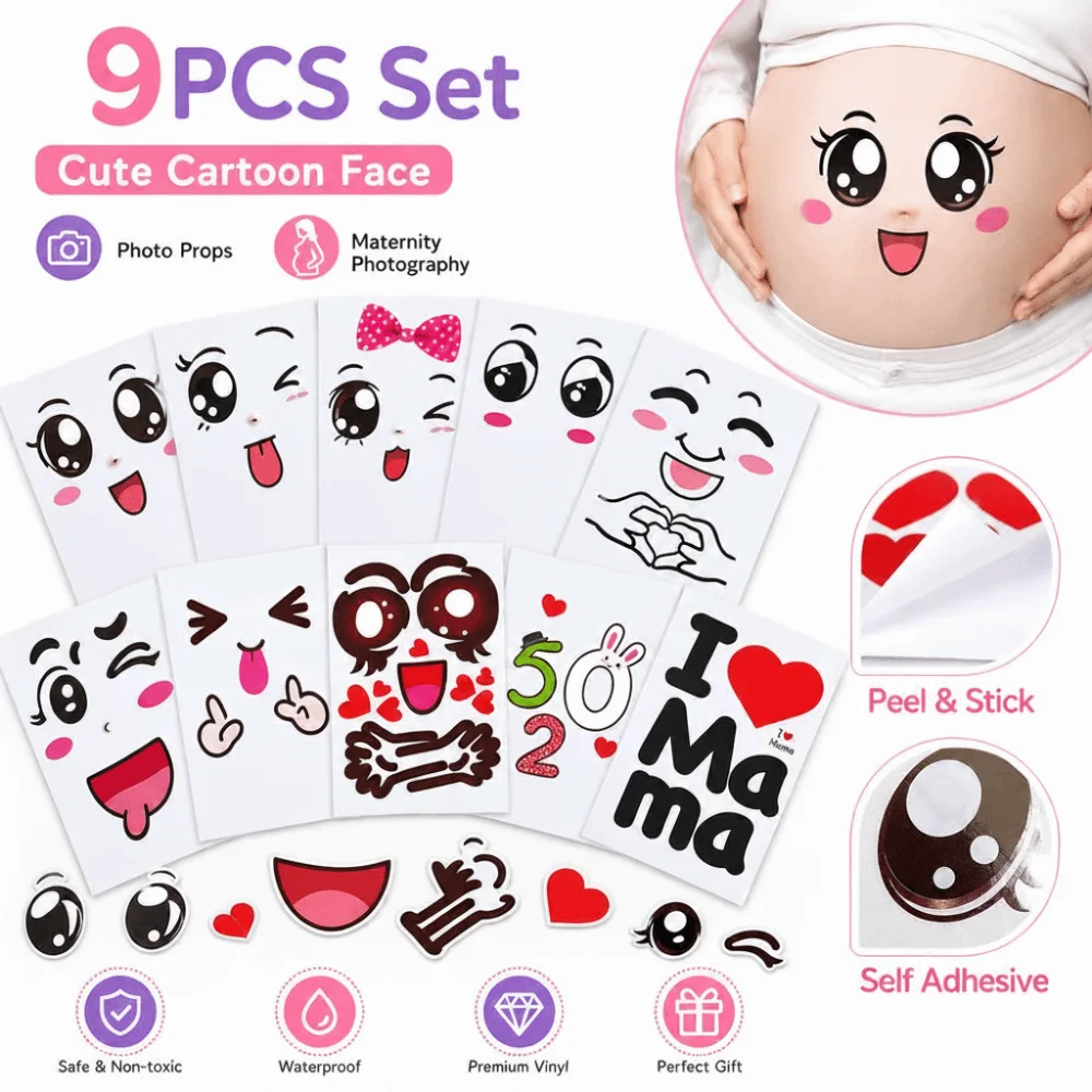 9PCS/Set Self Adhesive Pregnancy Belly Stickers Peel and Stick Cartoon Face Pattern Maternity Belly Stickers Cute Expressions