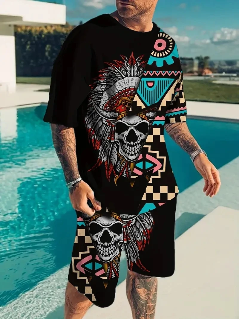 Abbigliamento sportivo da uomo Trend Men Set 3D Flower Skull Printed abbigliamento pantaloncini Casual magliette Set tute estive tuta da uomo Set