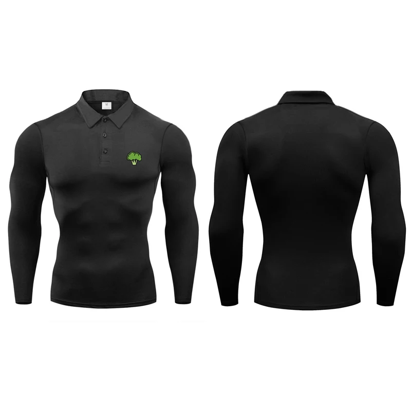 Autumn Men's Running Polo Shirts Broccoli Long Sleeve Button Moisture Quick Dry Athletic Workout Compression Fitness T -Shirts