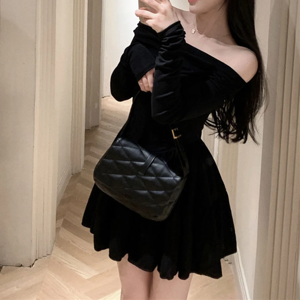 

2XL Apricot Off-shoulder Dress Elegant Long Sleeve Dress Slim Dress Slight Stretch Design Spring Autumn Fashion
