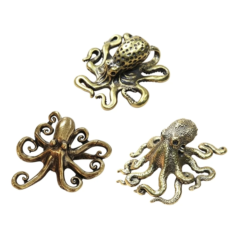 R1WA Octopuses Figurine Set of 3 Antique Brasses Tone Marine Animal Decors with Textured Tentacles for Shelf Styling, Desk