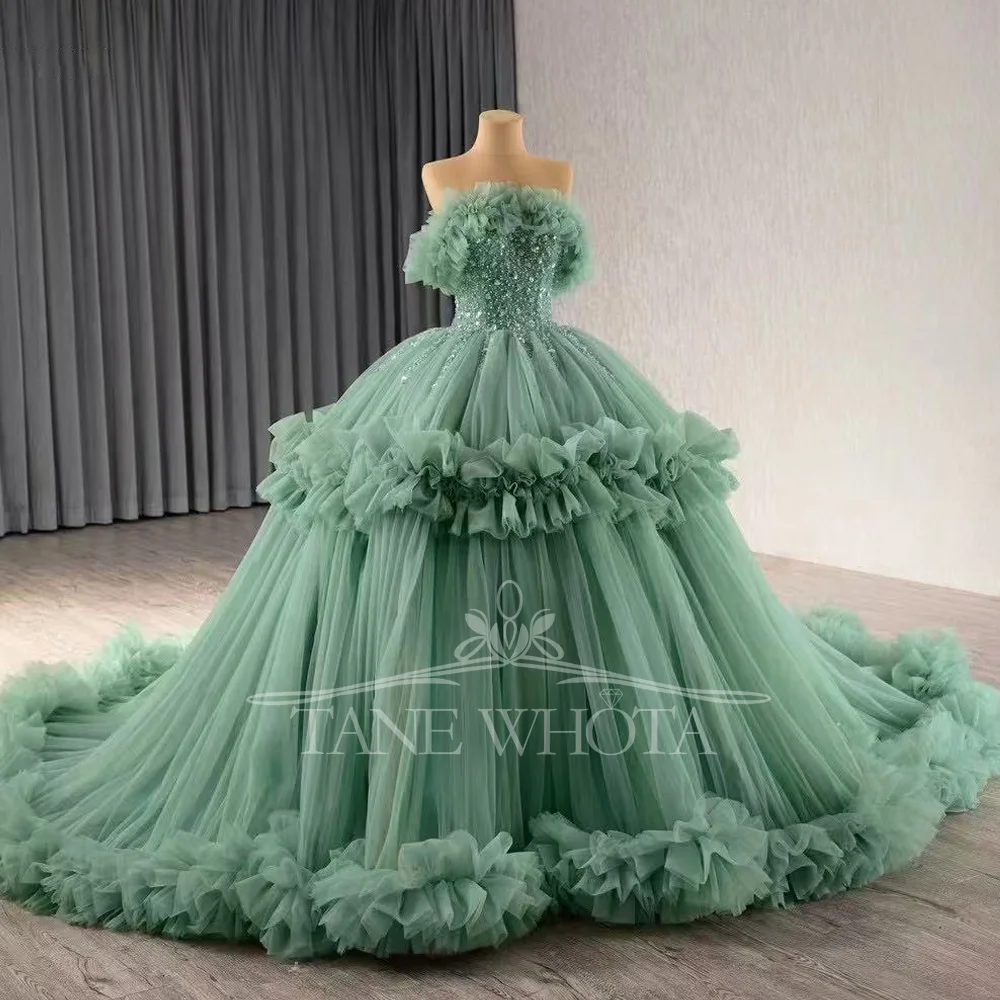 Stunning Green Strapless Quinceanera Dress Ruffle Edge Off Shoulder Lace Up Back Sequined Beading Evening Dress
