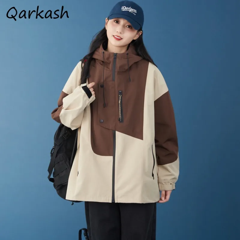 

Autumn New Coats Women Irregular Color Block Hooded Loose Windproof Jackets American Chic High Street Hipster Prevalent Vitality