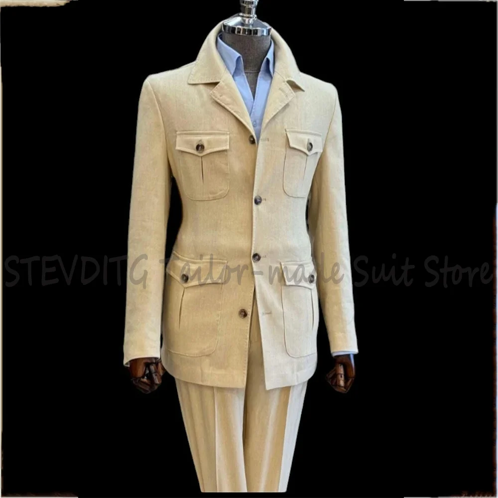 

Beige Linen Men Suit Single Breasted Full Sleeves Elegant Chic Notch Lapel Slim Businesss Casual Male Outfit Two Pieces Set