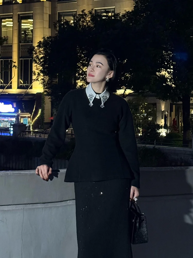 

Ele White irt Fake Collar Decorated with Luxury Rhinestones Versatile Design Sensation Hanfu Women's Premium Faion