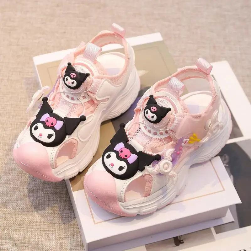 Sanrios Kuromi Kids Sandals Cute Summer Casual Luminous Sweet Sneakers Cartoon Turn Button Trainers Anime Leisure-Shoe Girl Gift