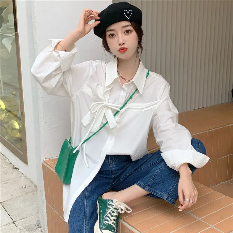 Shirts Women Solid Bow Sweet Chic Long Sleeve Camisas Mujer All-match BF Style Fashion Popular Early Spring College New Simple