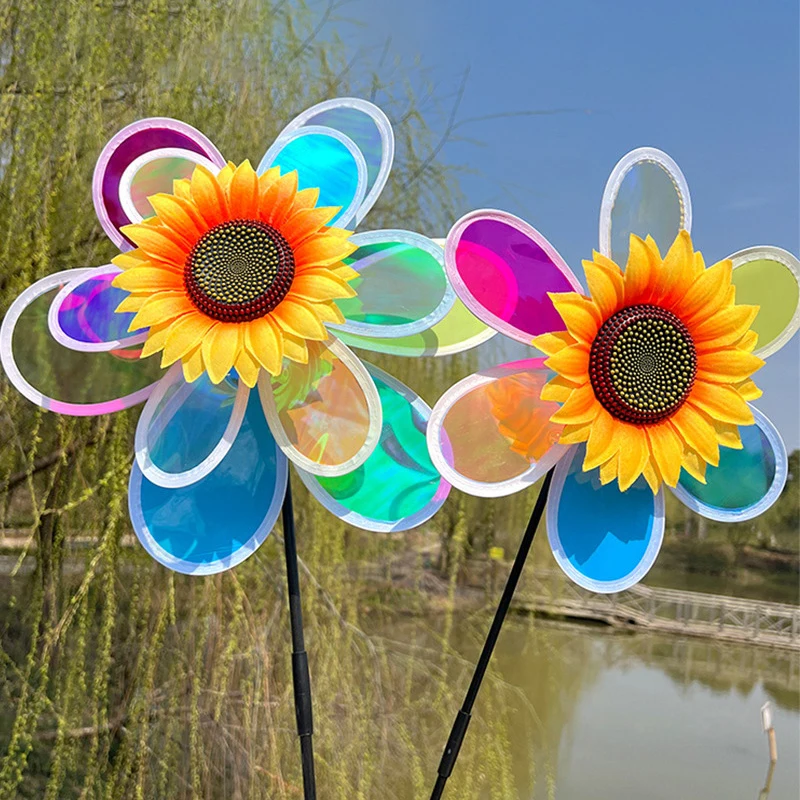 1PC Outdoor Garden Lawn Yard Bird-Scaring Wind Spinner Fruit Garden Reflective Six Color Dazzling Sunflower Windmill Kids Toys