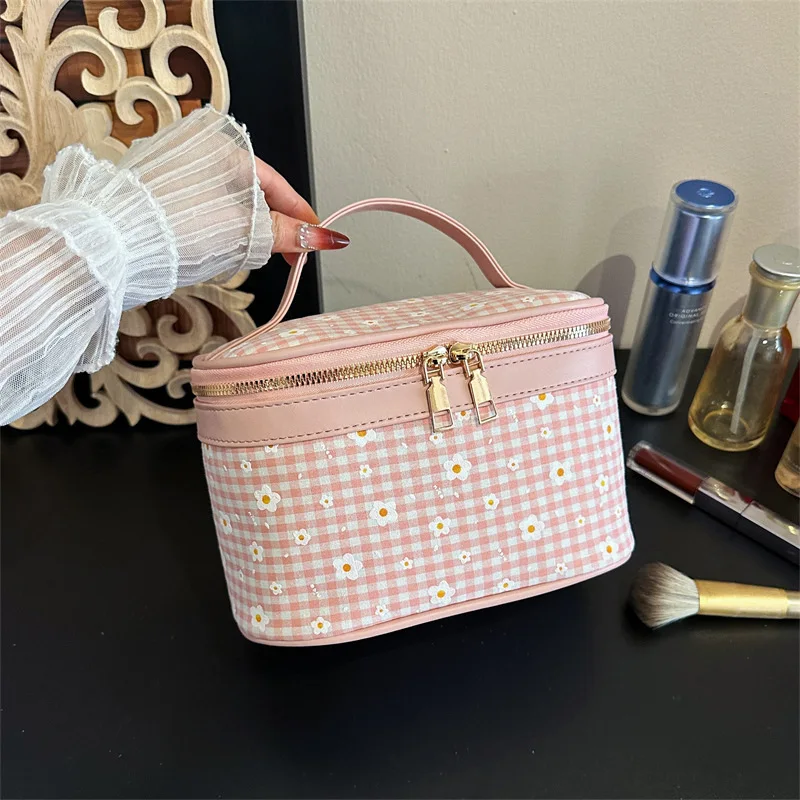 Women Plaid Handheld Makeup Bag Large Capacity Cosmetic Storage Handbags Leisure Travel Flower Wash Bags New Trend Gift
