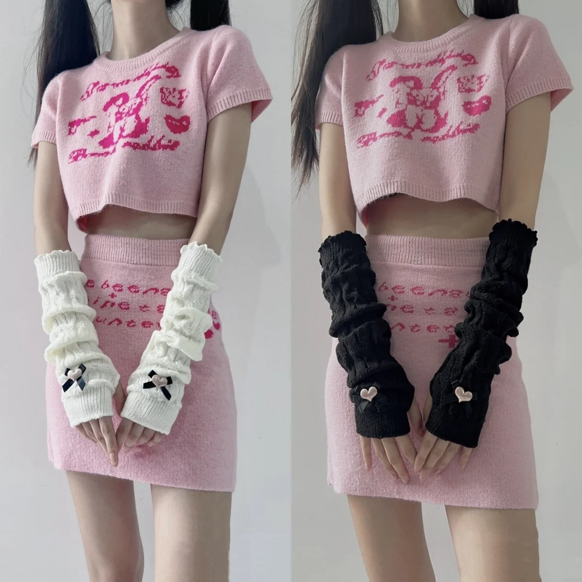 

Вязаные нарукавники в милом и стильном дизайне с украшениями в виде сердечек и бантиков, дизайн с открытыми пальцами, универсальные нарукавники в студенческом стиле, незаменимые для прогулок, праздничный подарок.