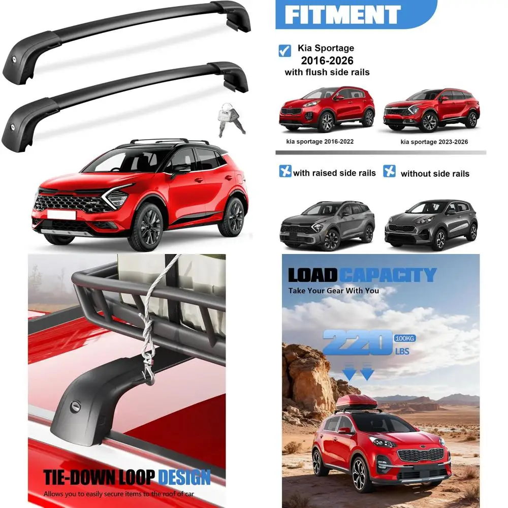 

Сверхмощные алюминиевые поперечины для Kia Sportage 2016-2026 с заподлицовыми рейками, вместимость 220 фунтов, запираемые багажники на крышу
