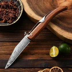 PLYS Fruit Knife Stainless Steel Wooden Handle Folding Knife Damascus Pattern Pocket Knife with Keychain