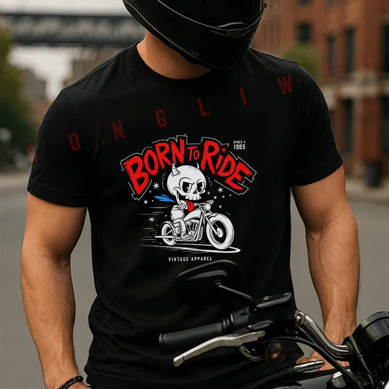 

Motorcycle Skull Illustration Design Men's T-shirt Summer Cotton Short Sleeved Casual TShirt O-Neck Unisex Tops