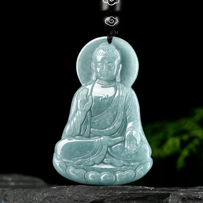 Certificate Myanmar Jade Amitabha Buddha Pendant Jadeite Blue Stone Natural Emerald Necklace Men Talismans Necklace Jewelry