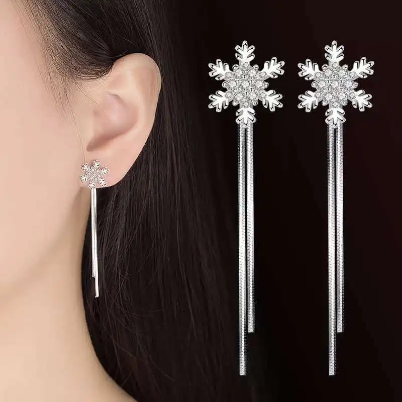 2023 New Shiny Zircon Snowflake Stud Earrings for Women Long Tassel Earring Engagement Anniversary Earring Jewelry Pendientes