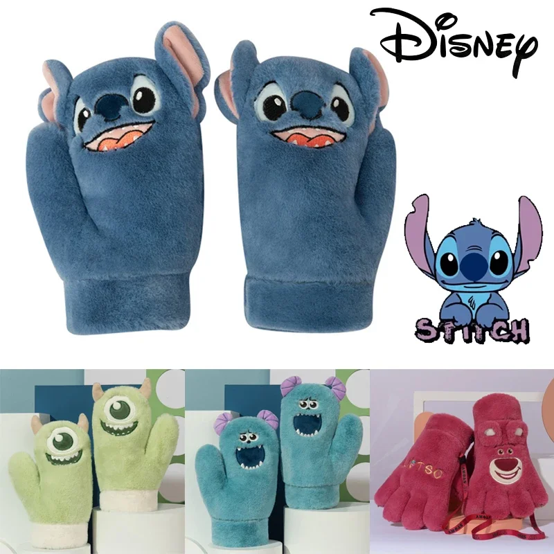 Disney Stitch Warm Plush Gloves For Women Men Autumn Winter Thick Mittens Prevent Frostbite Cartoon Warm Soft Full Finger Gloves