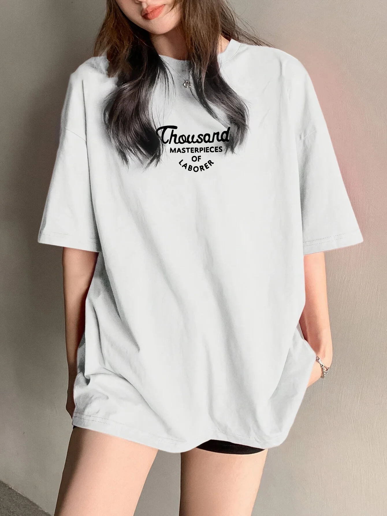 Women Crew Neck T Shirt Chest Thousand Masterpieces Letter Print Oversized Tees Soft Casual Tops For Ladies Daily Street Wear
