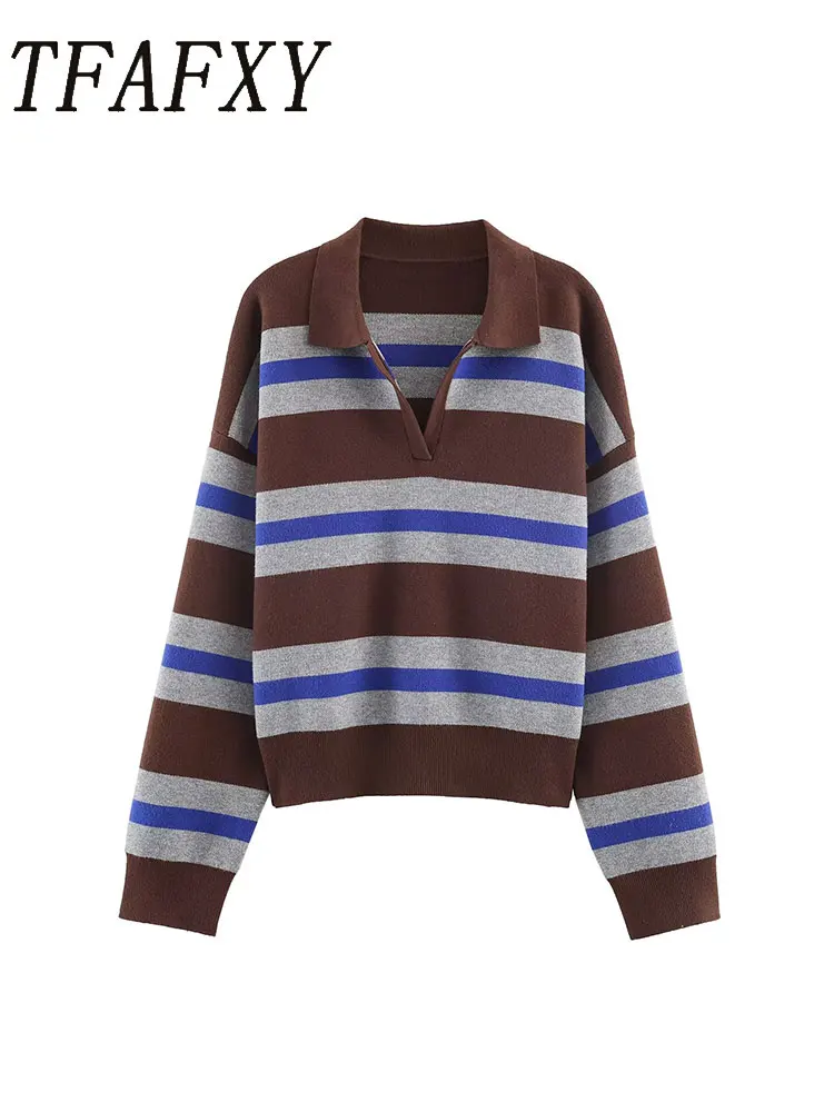 

TFAFXY Casual Striped Knit Sweater Women Long Sleeve Polo Collar Pullover Fashion 2026 Spring Elegant Girl Outwear Y2K