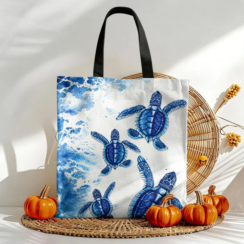 Sea Turtles Come Ashore Storage Bags Versatile Canvas Double-Sided Print Tote Bag Durable Daily Use Shopping Handbags