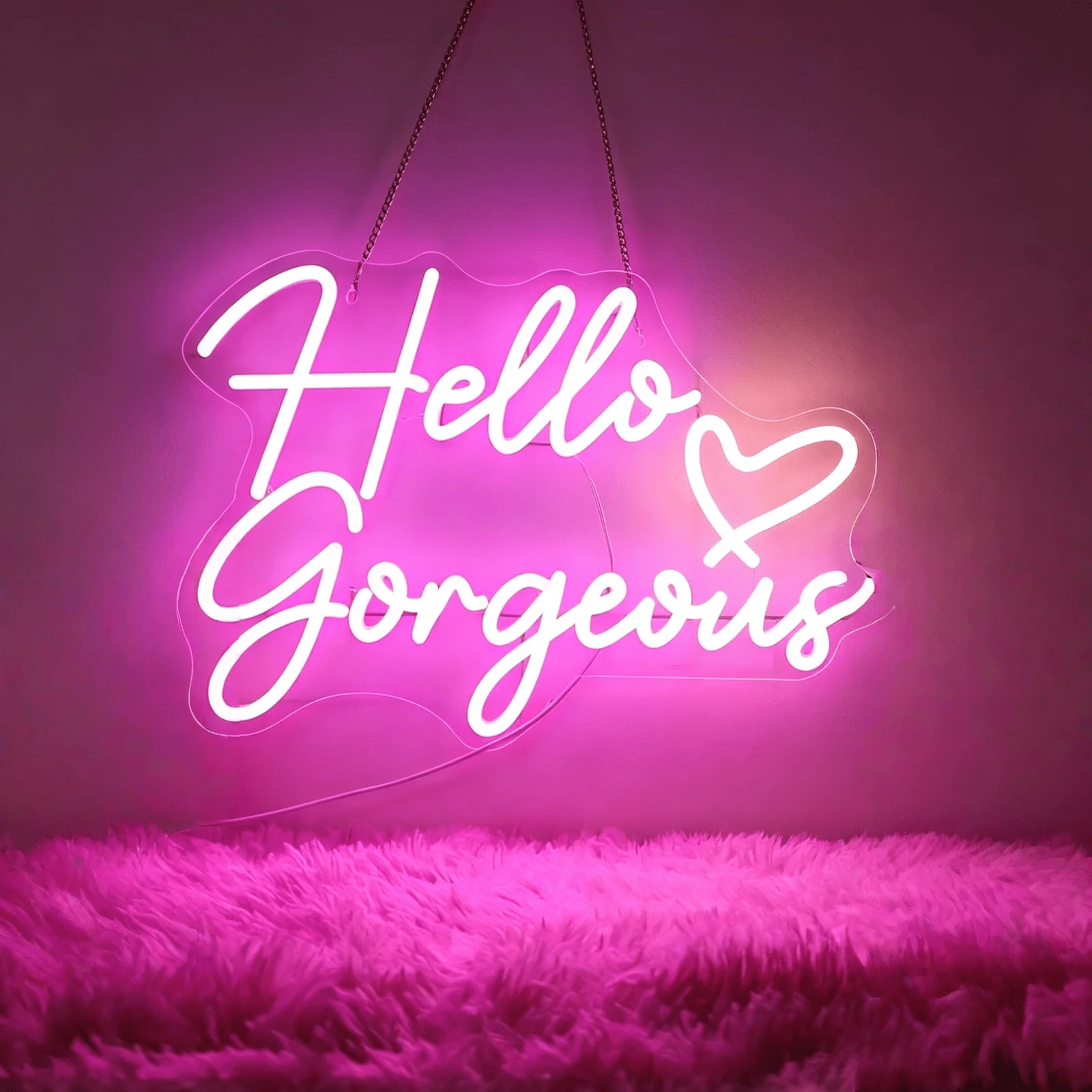 Hello Gorgeous LED Neon Sign with Heart, Neon Light for Girls Bedroom & Vanity Mirror Decor, Birthday Gift for Her, USB Powered