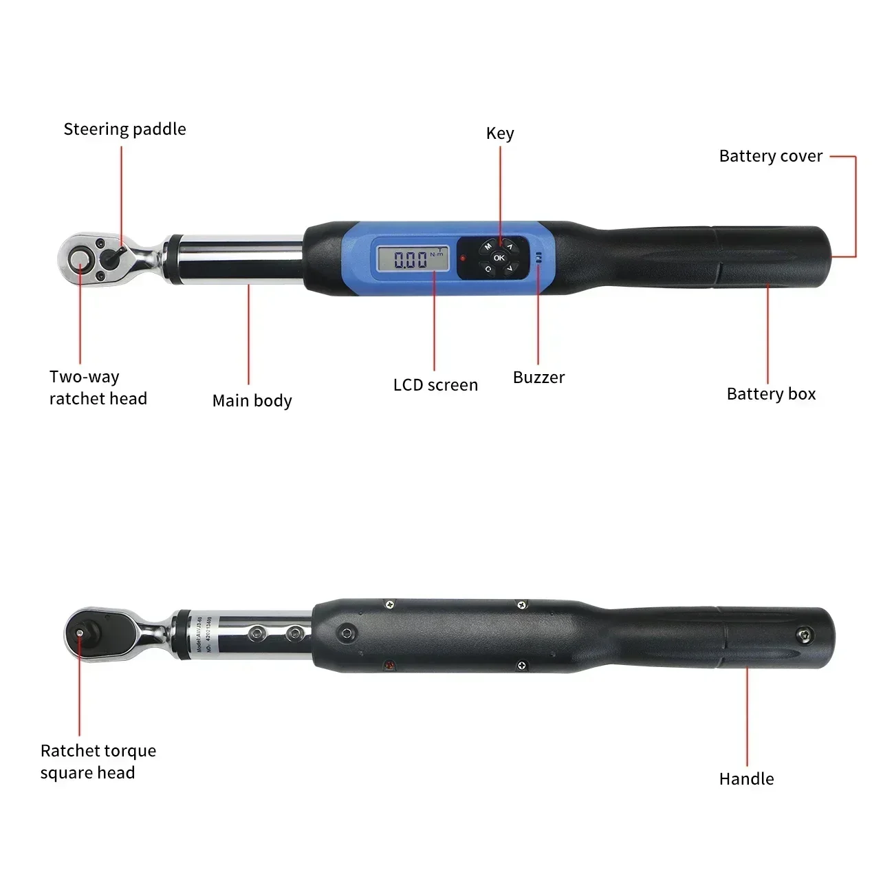 Shahe chave de torque eletrônica de 3/4 ", cabeça de catraca bidirecional de dupla face, chave de torque ajustável digital awj6