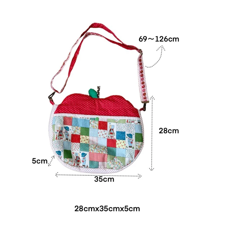 Patchwork-Stoff-Umhängetasche, Apfelförmige Handtasche mit Blumen- und Punktmuster für Damen, Mädchen, Studenten, Cottagecore, süße Handtasche – Detail 15