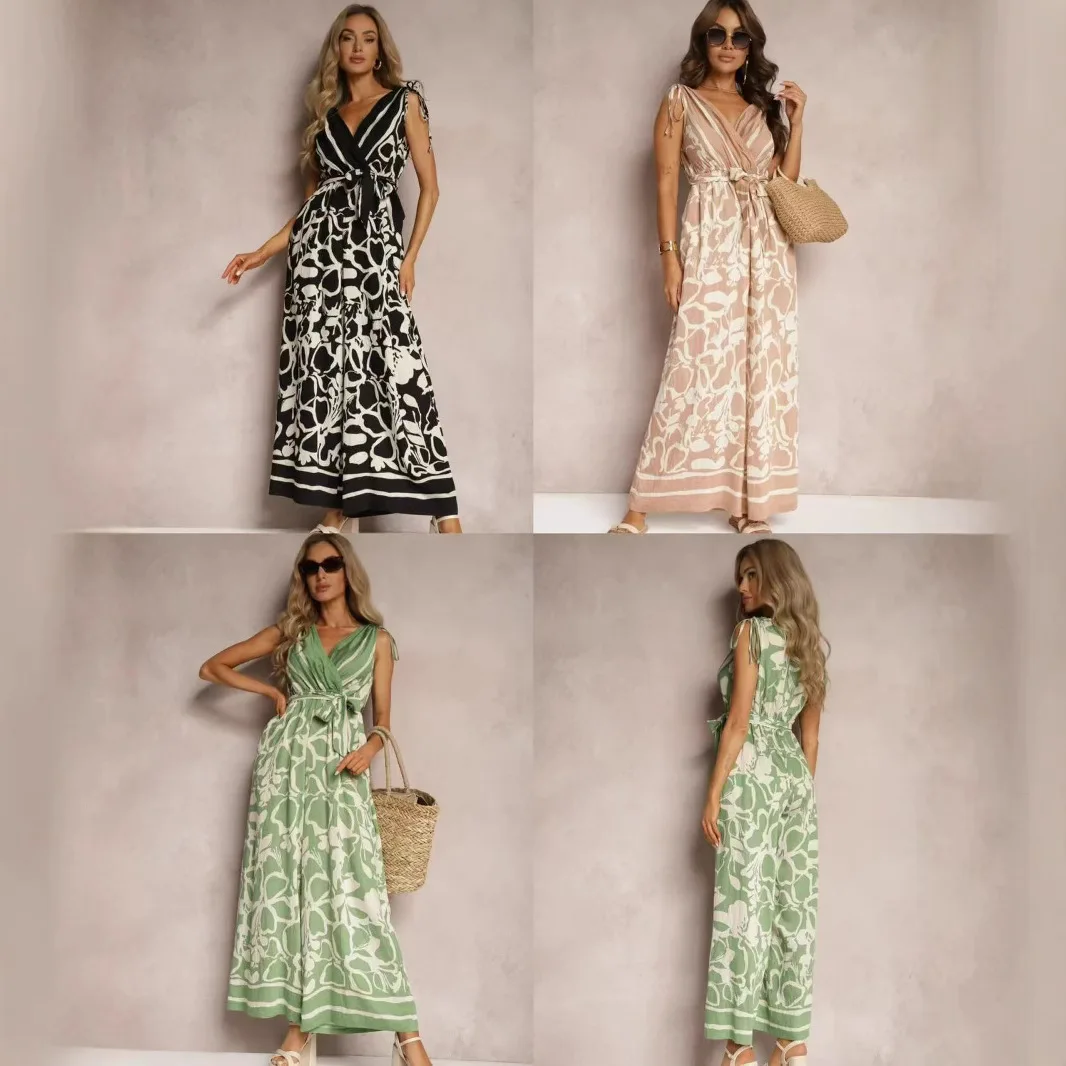 

Fashion Printed V Neck Short Sleeve Jumpsuit with Belt Women Summer Wide Leg Pants Jumpsuits Female Causal Holiday Streetwear