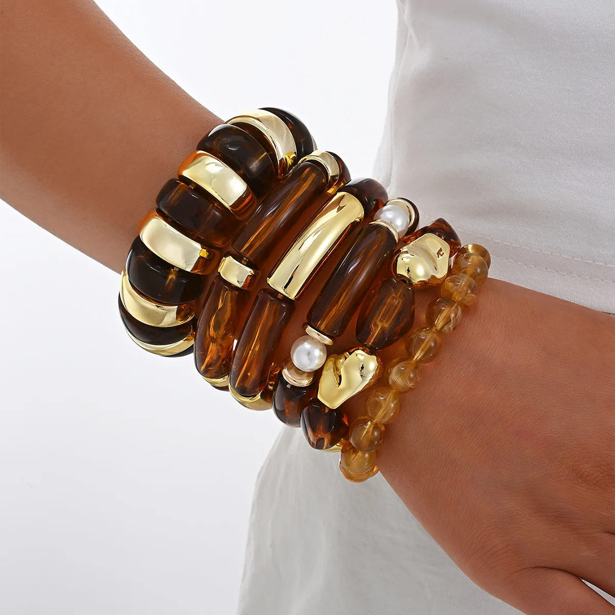 6Pcs/Set Vintage Irregular Smudging Coffee Beaded Resin Bangles Set for Women Fashion Geometric Acrylic Bracelet Jewelry Gift