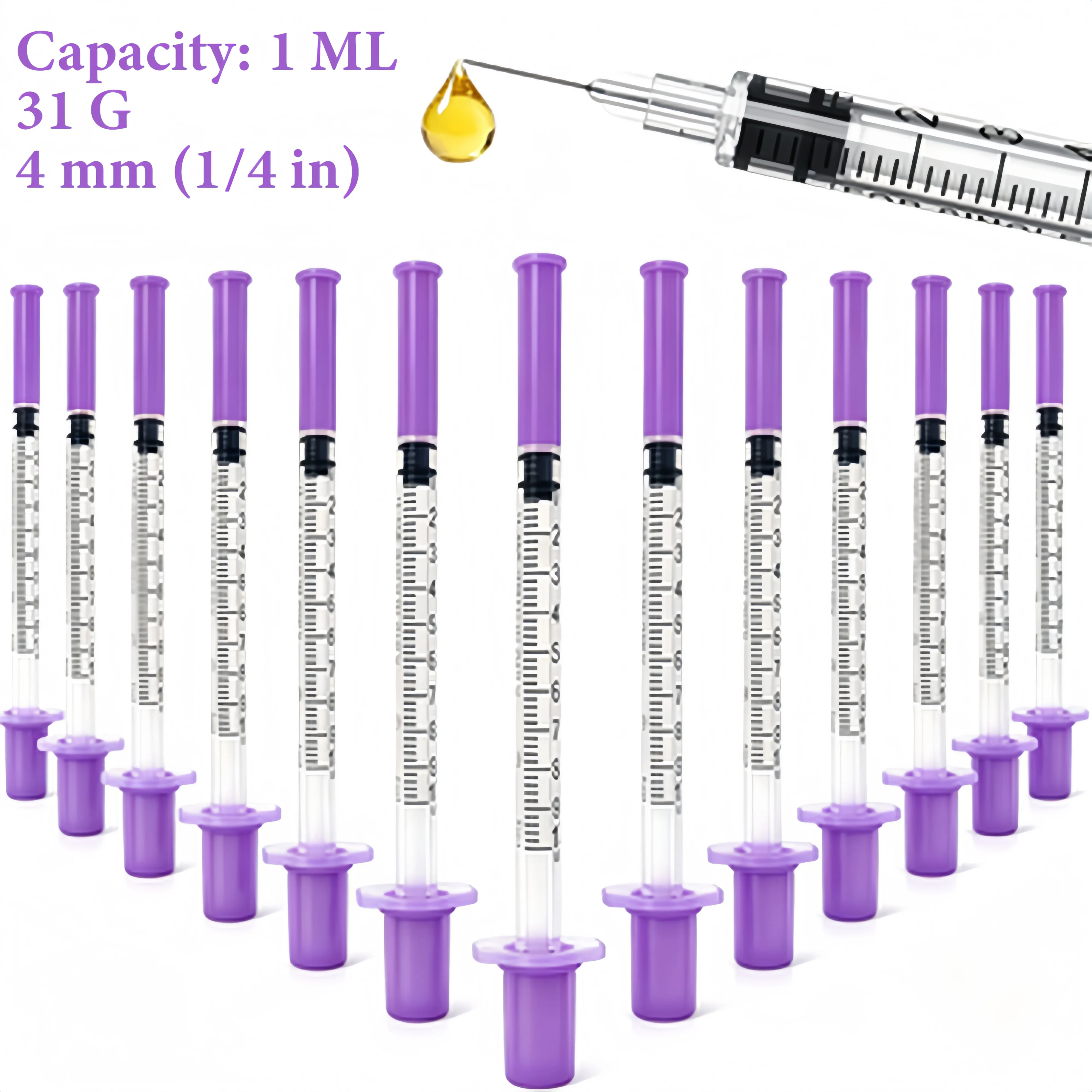 1ml 31g (6mm) Disposable Purple Plastic Veterinary Syringe, Sterile Insulin Syringe with Purple Cap and Needle, Suitable for Pets, Farm Animals, and Laboratory Use.