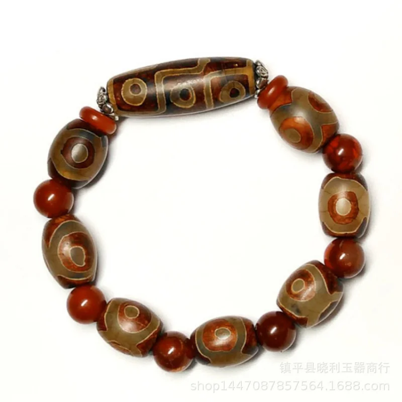 Tibet Old Nine Three Eyes Sky Red Agate Drum Beads Orange Bracelet