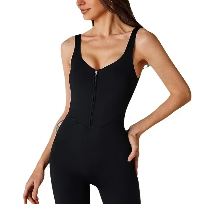 Fitness Jumpsuits Women Sports Bodysuit with Zipper Yoga Suit Sportswear Flared Leggings Pants Training One Piece Gym Rompers