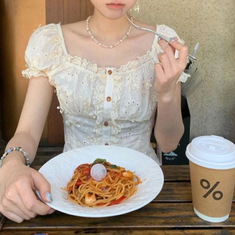 

French Heavy Embroidered Lace Shirt Three-dimensional Floral Puff Sleeve Short-sleeved Top