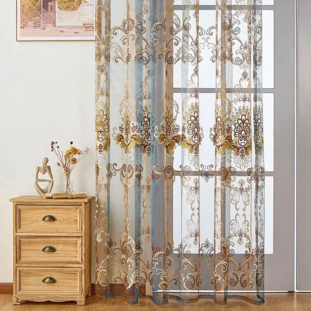 10-20% Transparent Embroidered Curtain Tulle Sheer Floral Voile for Living Room French Window Home Decor 1PC