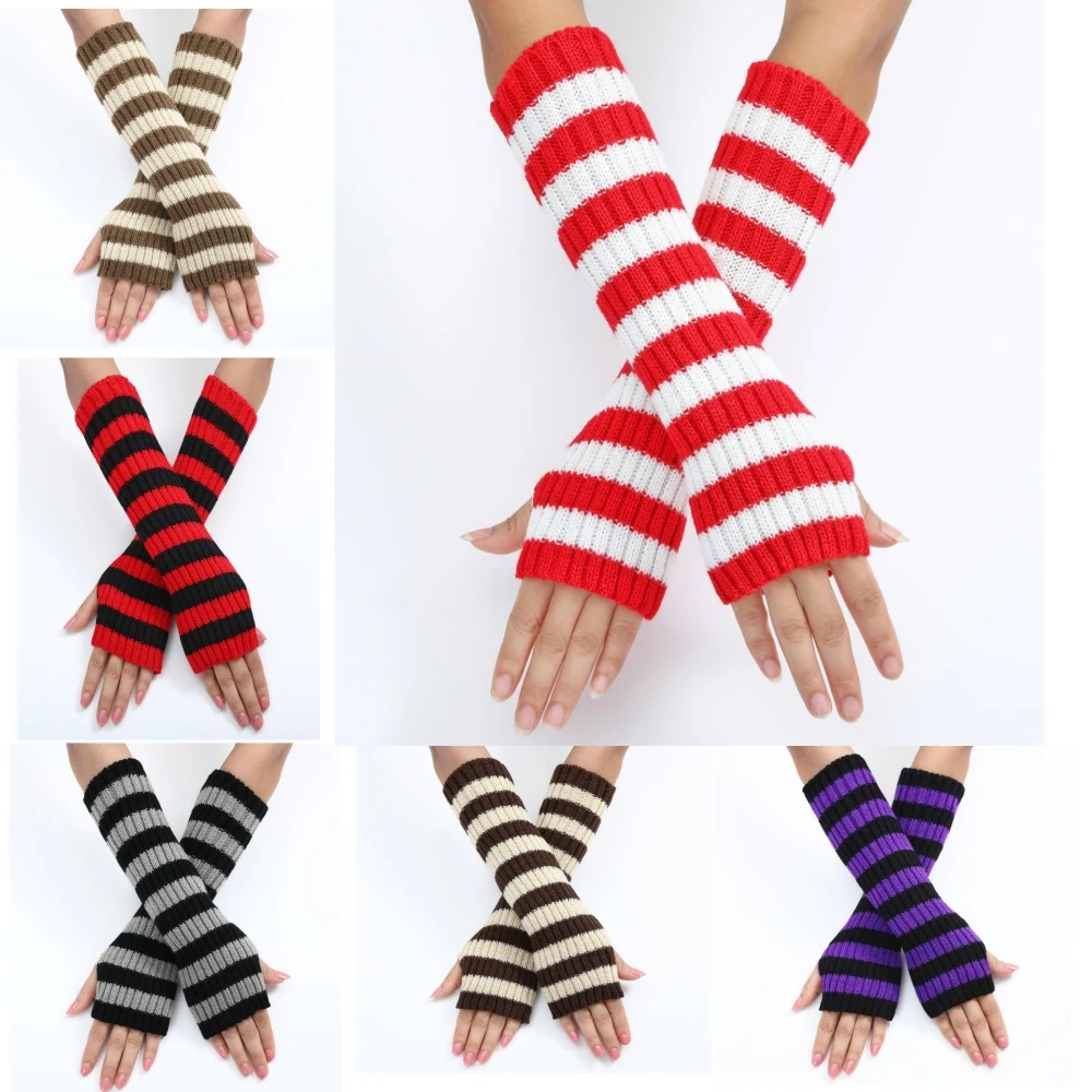 

Long Fingerless Gloves Arm Cover Striped Knitted Wrist Sleeves Arm Warmer Sleeve Knitted Elbow Mittens Women Christmas Gift