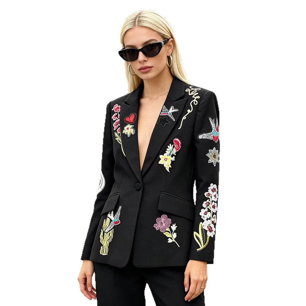 Allingentle Womens Fashion Embroidery Blazer Casual Jacket One Button Elegant Coat Suit Blazer Customized