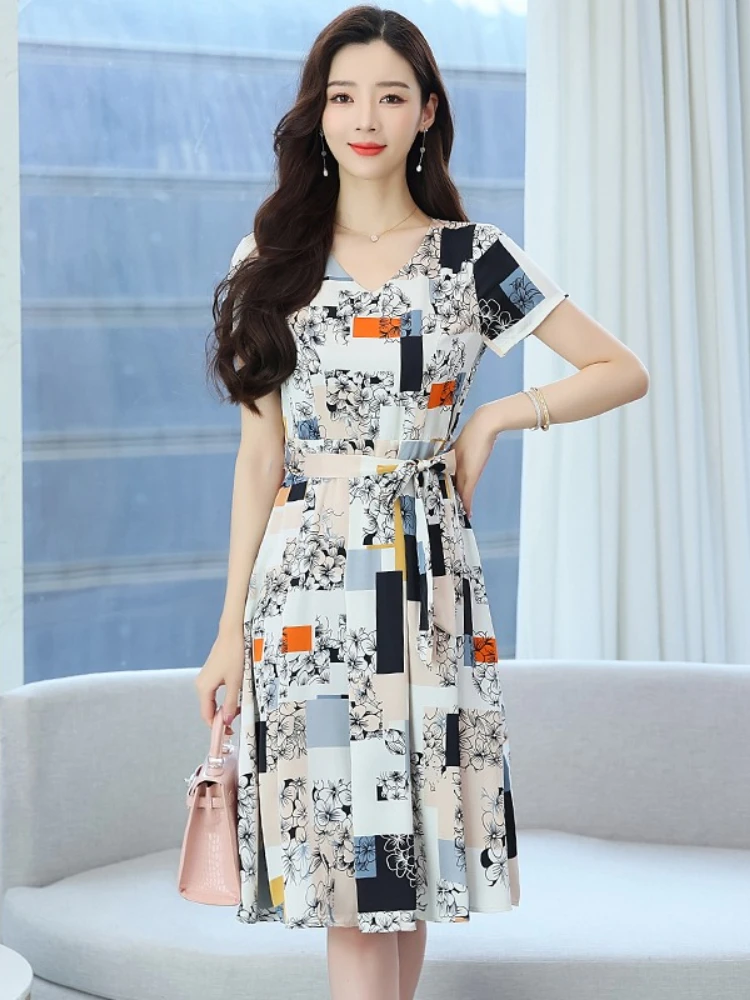 Vestido floral de primavera y verano, vestidos Midi para mujer, vestido informal estampado de manga corta para mujer