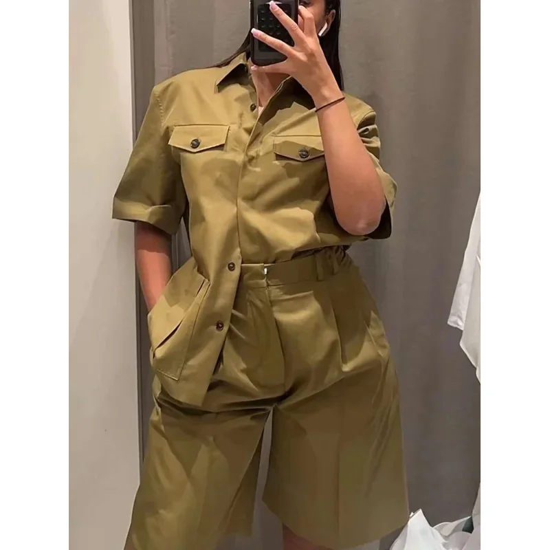 

Женский комплект из 2 предметов в стиле ретро, рубашка с короткими рукавами и несколькими карманами с лацканами и широкие плиссированные шорты, повседневный элегантный наряд