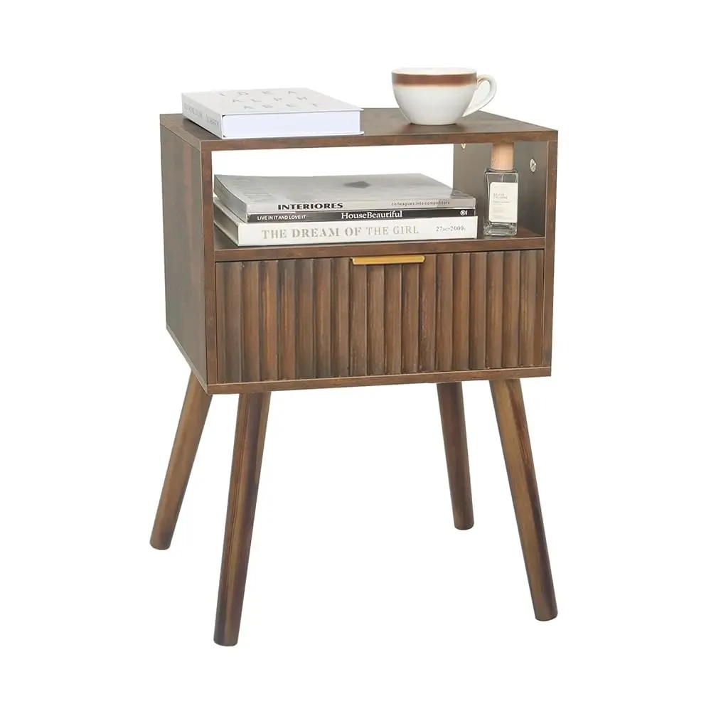 

Walnut Nightstand, Wooden Bedside Table With Fluted Drawers And Open Shelf, Night Stand Wood For Bedroom, Living Room And Small