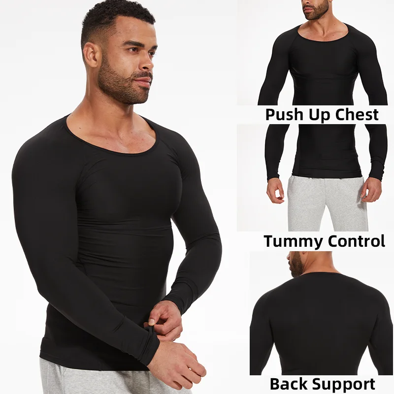 Camisas de compresión para hombres de manga larga que adelgazan el control de la barriga Body-Shaper cintura Trainer camiseta interior vientre plano Shapewear