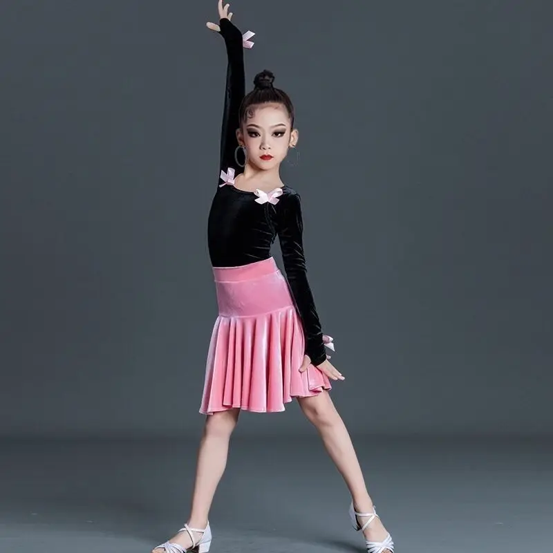 

Костюм для латинских танцев, детский женский бархатный тренировочный костюм, разделенный костюм, юбка для латинских танцев, костюм для выступлений