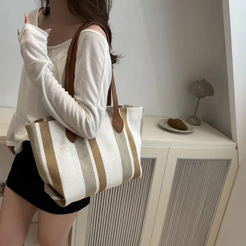

Striped Canvas Satchel Beach Casual Shoulder Bag for Work School Travel 20CA