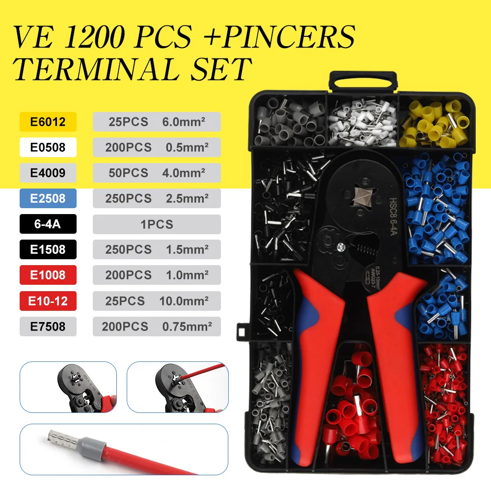 

1200PCS Self Adjustable VE Tube Terminal Kits Tool Plier Set Cord End Bootlace Ferrules Wire Cable Crimper Crimping 6-4A/6-6A