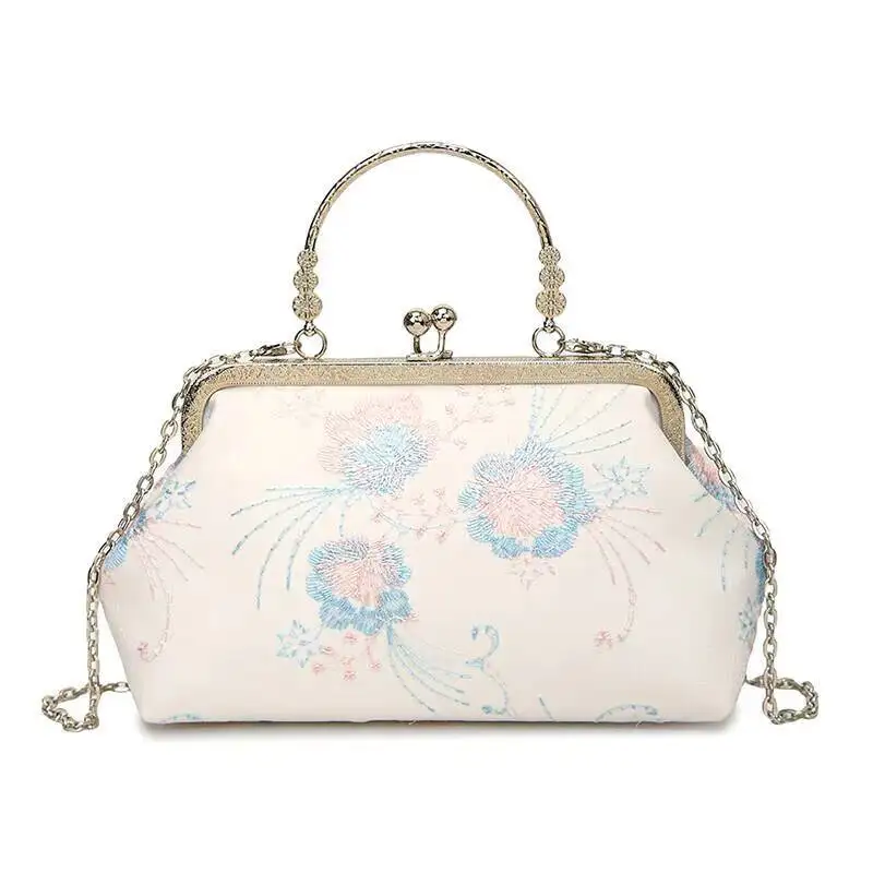

High-end Fashion Chinese-style Powder Blue Floral Embroidered Tote Bag Retro Metal Clasp Chain Temperament Crossbody Bag Women