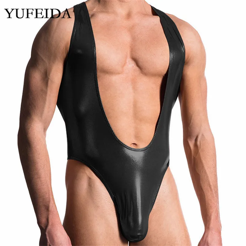 

Men's Bodysuit Wrestling Singlet Gay Jumpsuits PU Leather Bodycon Leotard Fetish Undershirts T-back Thong Penis Pouch Underwear